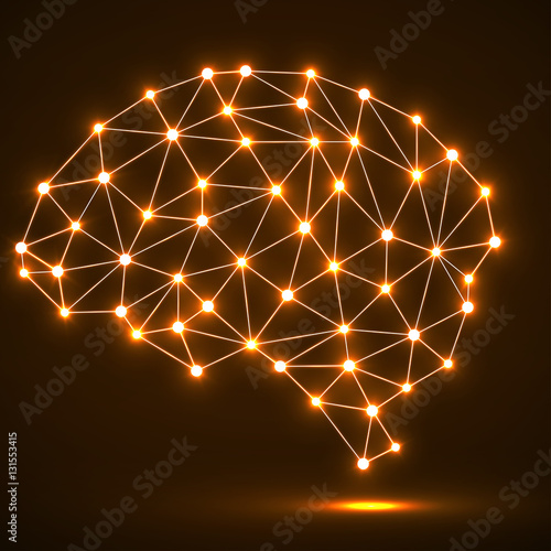 Abstract polygonal brain with glowing dots and lines, network connections