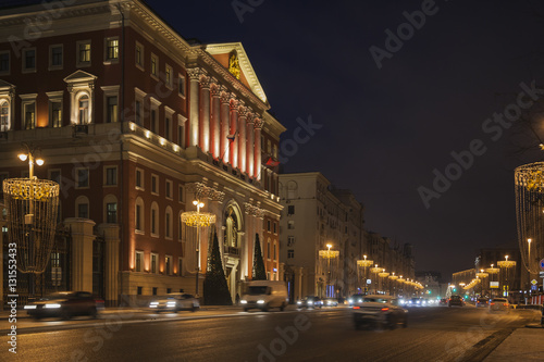 Night winter cityscape of Tverskaya Street and backlighted Moscow  Russia