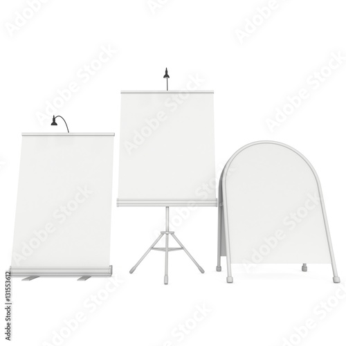 Blank Roll Up Expo Banner Stand Group and Sandwich board. Trade show booth white and blank. 3d render illustration isolated on white background. Template mockup for your expo design.