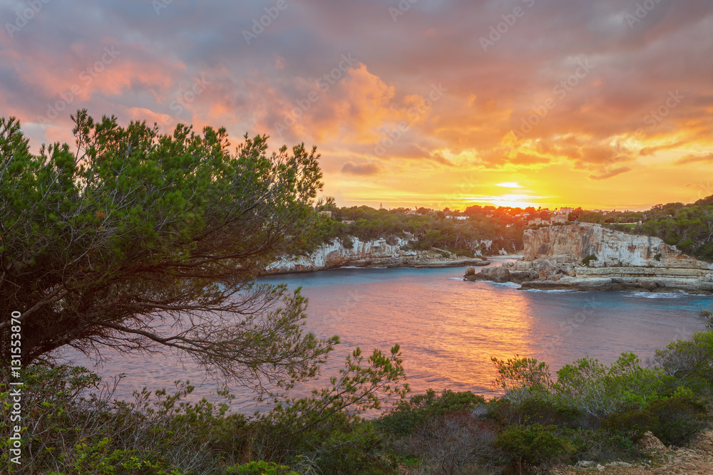Sunset over Cala Llombards, Santanyi, Mallorca, Spain
