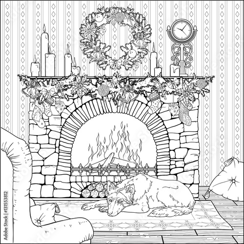 dog resting in front of christmas decorated fireplace.