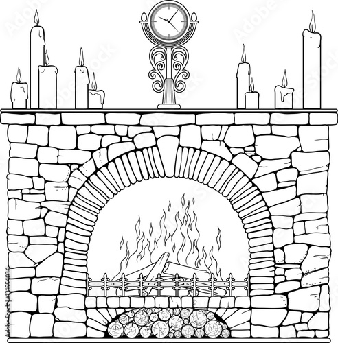 Stone fireplace with clock and candels.