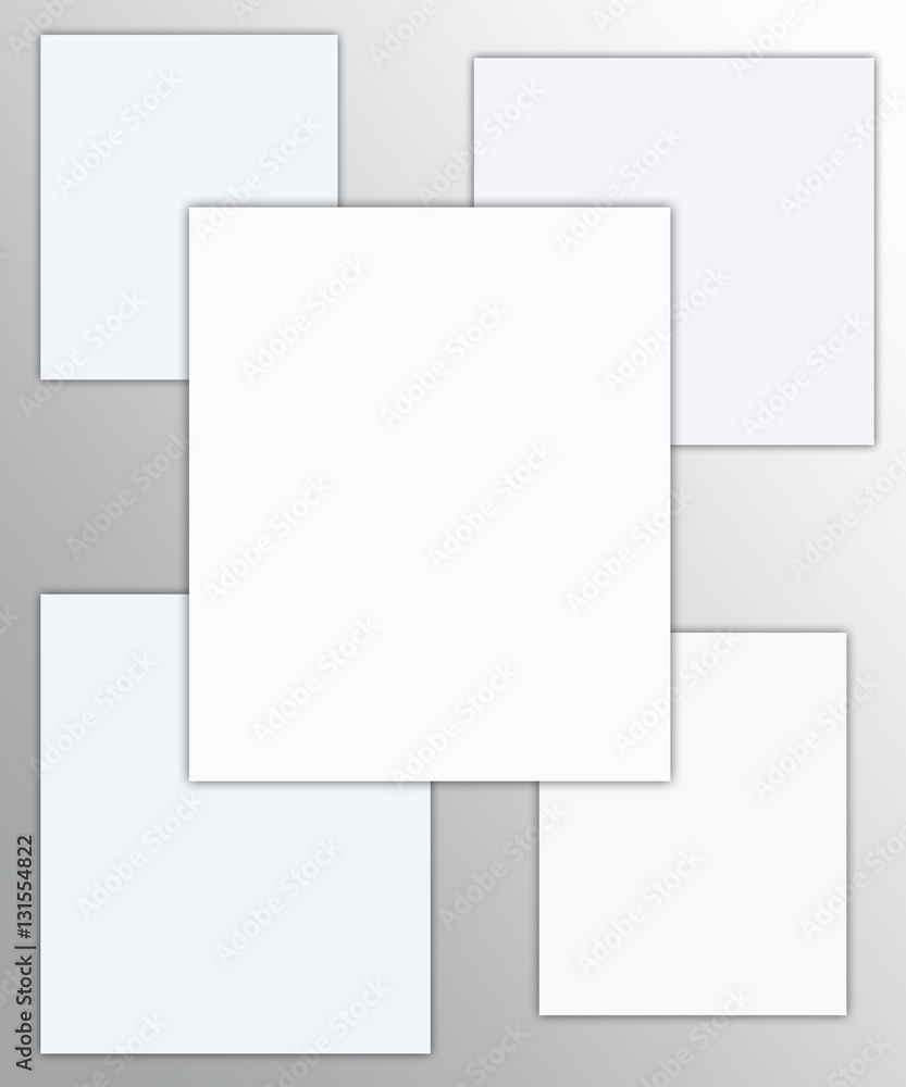 Five different white empty paper sheets on a gray background design mockup layout Five different white empty paper sheets on a gray background design mockup layout