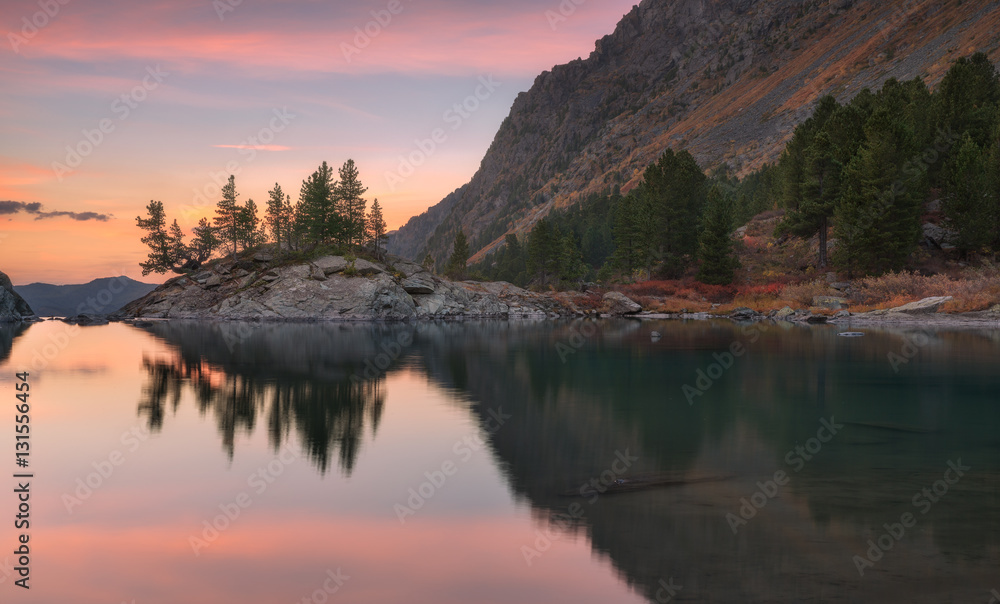 Sunset Mountain Lake With Pink Calm Waters, Altai Mountains Highland Nature Autumn Landscape Photo