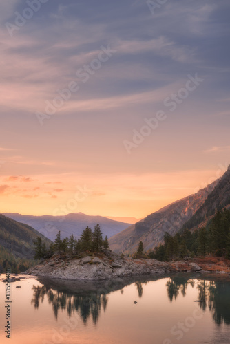 Sunset Mountain Lake With Pink Calm Waters, Altai Mountains Highland Nature Autumn Landscape Photo