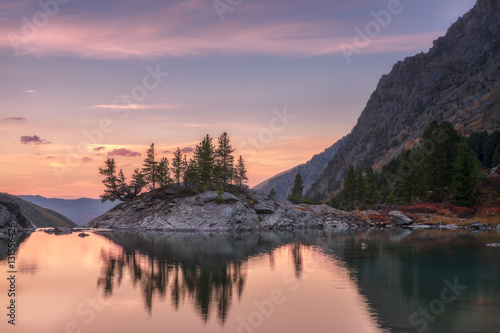 Sunset Mountain Lake With Pink Calm Waters, Altai Mountains Highland Nature Autumn Landscape Photo