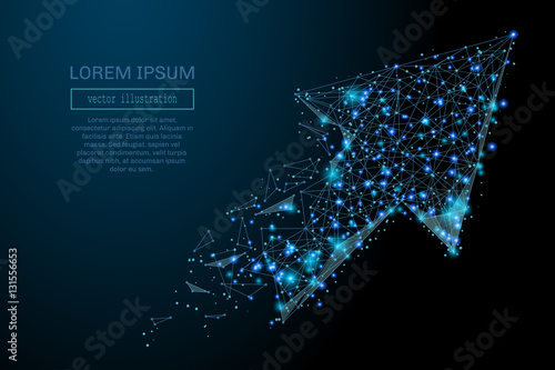Abstract image of a arrow in the form of a starry sky or space, consisting of points, lines, and shapes in the form of planets, stars and the universe. Business arrow vector wireframe concept