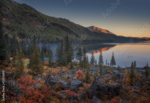 Sunset Lake View With Calm Water And Evergreen Forest On The Shore, Altai Mountains Highland Nature Autumn Landscape Photo