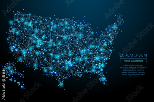 Abstract image of a USA map in the form of a starry sky or space, consisting of points, lines, and shapes in the form of planets, stars and the universe. USA map vector wireframe concept