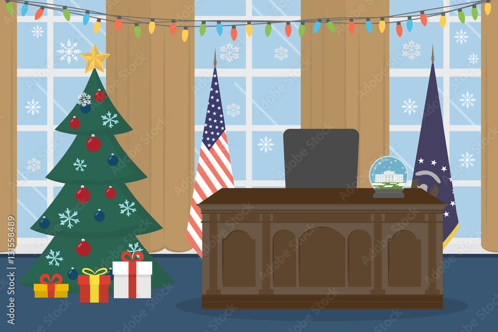 Oval Office in the White House with christmas tree.