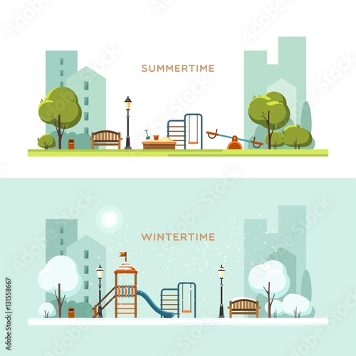 Public park in the city with children playground. Winter and summer season. Vector illustration.