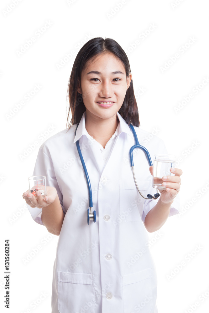 Young Asian female doctor with water and medicine. Young Asian female doctor with water and medicine.