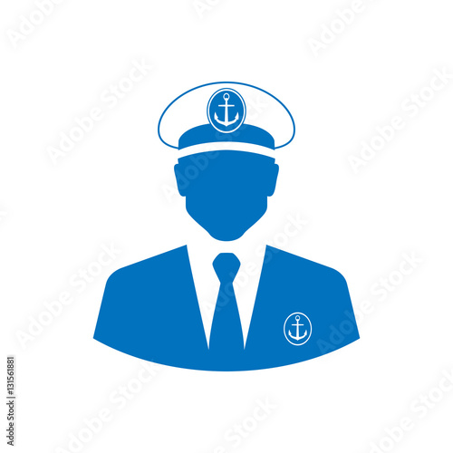 Icono plano silueta capitan barco azul en fondo blanco