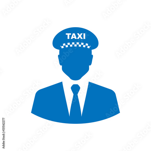 Icono plano silueta taxista azul en fondo blanco