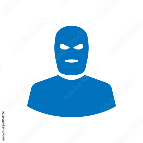 Icono plano silueta terrorista azul en fondo blanco