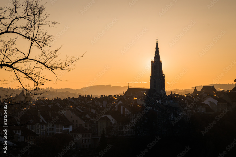 Bern city silhouette at sunset, European Old Town, Switzerland
