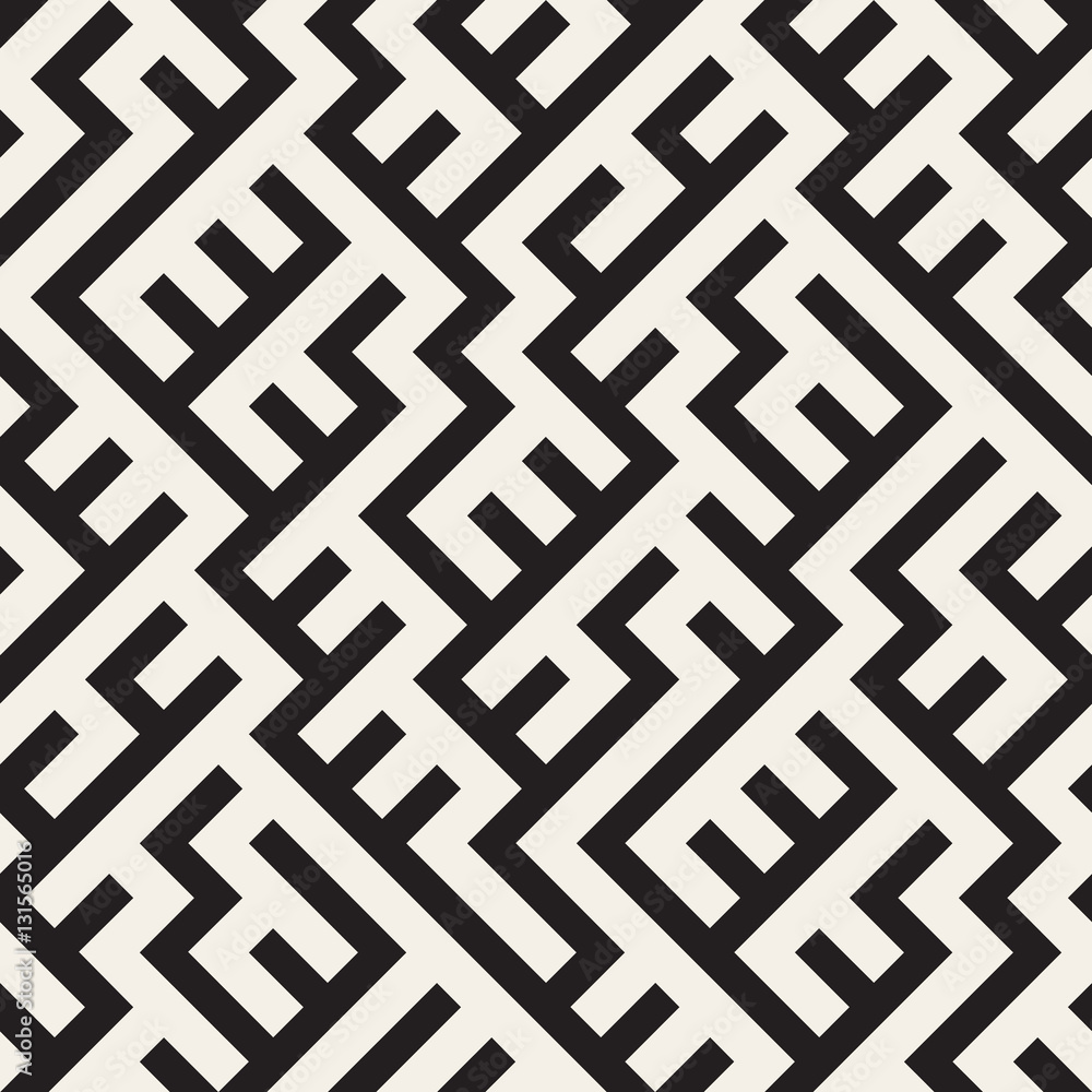 Irregular Maze Lines. Vector Seamless Black and White Pattern.