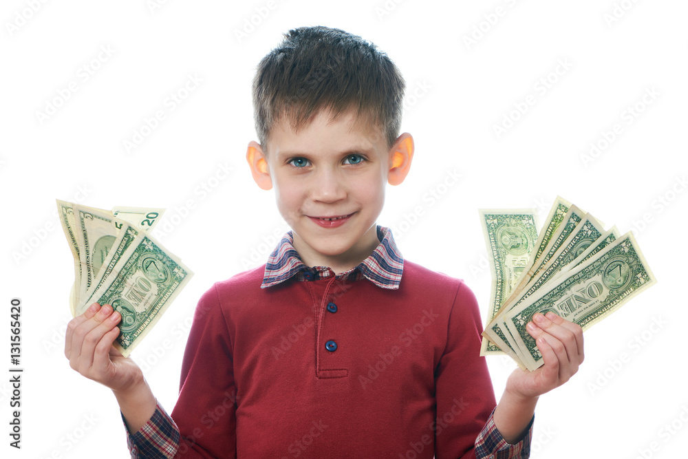 Beautiful little boy with dollar bills isolated Beautiful little boy with dollar bills isolated