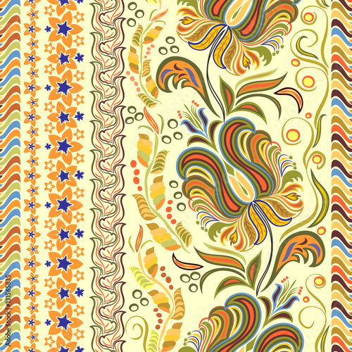 Hand drawing striped wallpaper. Paisley vintage floral motif ethnic seamless background. Printable colors abstract lace pattern. Editable colors without losing seamlessly.  EPS-8 vector buta texture