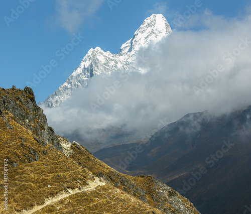 Ama Dablam (6812 m) in the first light of the Sun (view from Phortse to Periche trek) - Everest region, Nepal, Himalayas photo