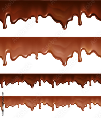 Melted chocolate dripping on white background