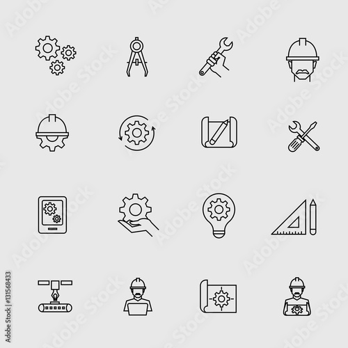 Engineering simple icons. Machine engineers and architect engineer work tools vector signs