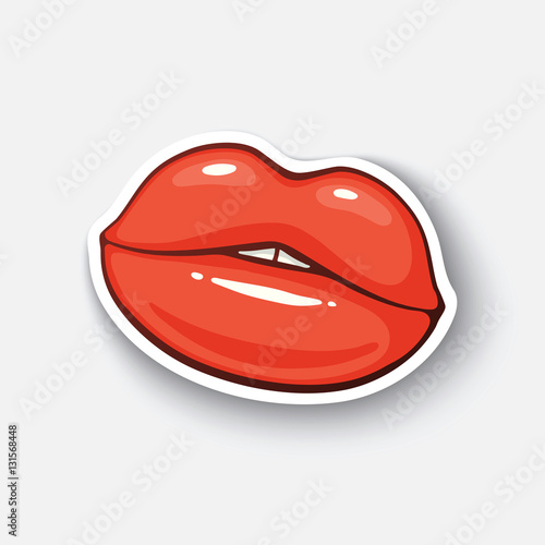 Vector illustration. Female red lips. Sexy kiss. Cartoon funny sticker in comic style with contour. Decoration for greeting cards, posters, patches and prints for clothes, flyers, emblems