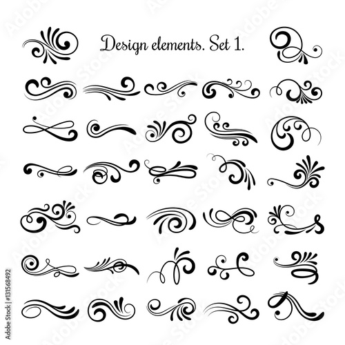 Swirly line curl patterns isolated on white background. Vector flourish vintage embellishments for greeting cards photo
