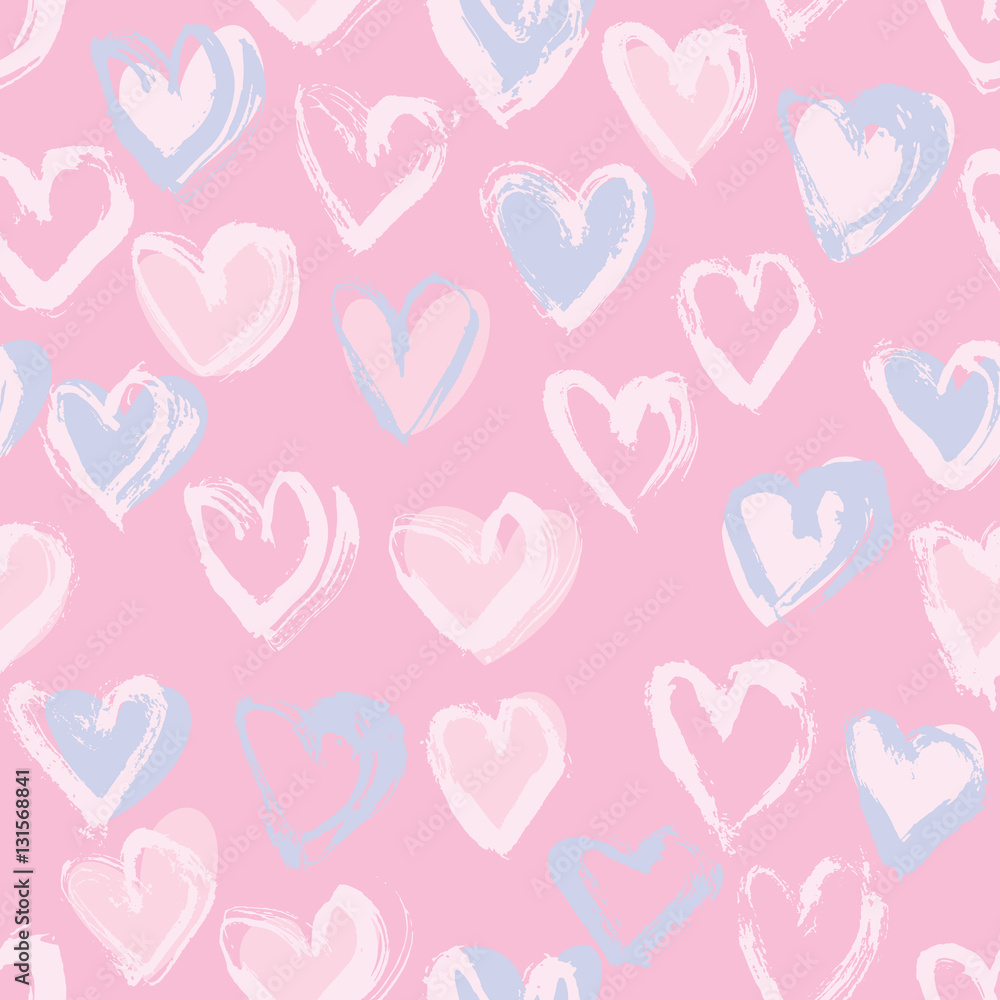 Abstract seamless heart pattern. Ink illustration. Pink romantic background