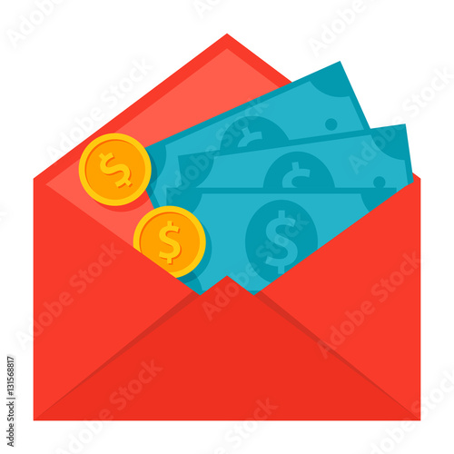 Concept of money transfer like a envelope with coins and banknotes