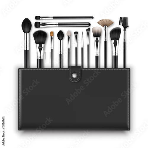 Vector Set of Black Clean Professional Makeup Concealer Powder Blush Eye Shadow Brow Brushes with Black Handles and Leather Case Isolated on White Background