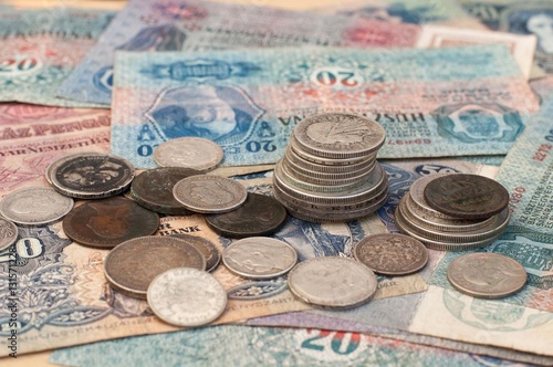 The old coins and banknotes.