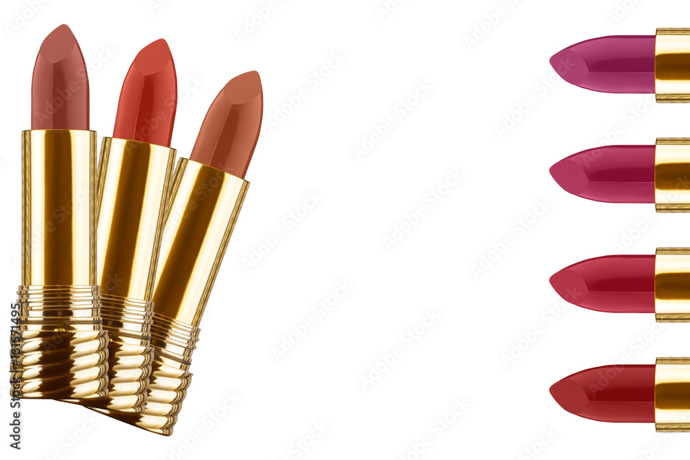 Seven different colors lipstick samples in golden tubes, forming a design frame, isolated on white background, clipping paths included Seven different colors lipstick samples in golden tubes, forming a design frame, isolated on white background, clipping paths included