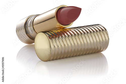 Marsala red color lipstick sample in luxury open golden tube on a golden lid, reflected on the surface, isolated on white background, clipping path included