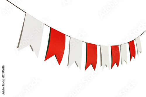Flag papers white and red hanging on the rope.Perspective view.