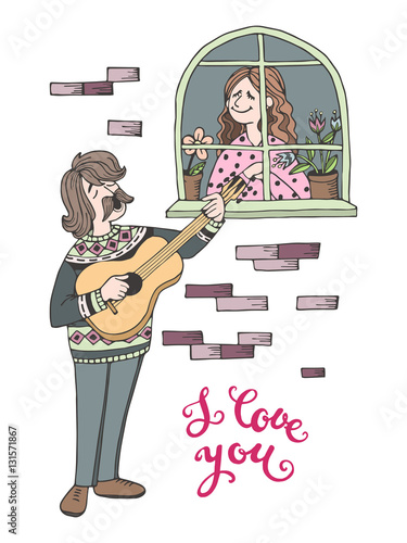 Hand-drawn cartoon man takes a serenade under the window of his beloved.