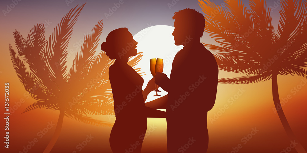 Amoureux - Couple - Palmier - Coucher de soleil Stock Vector | Adobe Stock