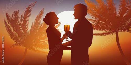 Amoureux - Couple - Palmier - Coucher de soleil