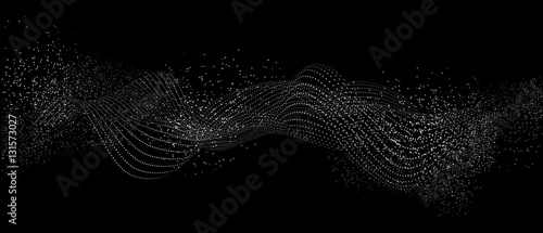 Abstract vector particle flow. White dots on black background.
