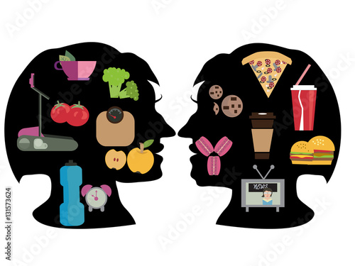 lifestyle - healthy and harmful. Fast-food or healthy food? vegetarian concept. Two silhouette head girl of her way of life