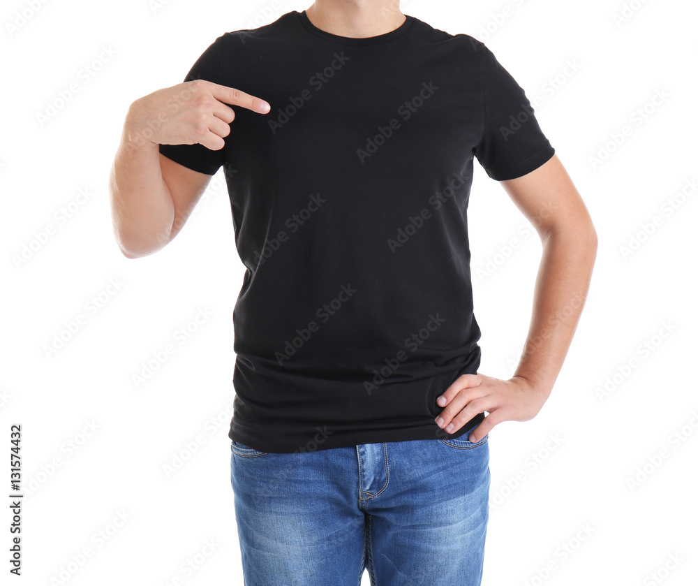 Handsome young man in blank black t-shirt on white background, close up Handsome young man in blank black t-shirt on white background, close up
