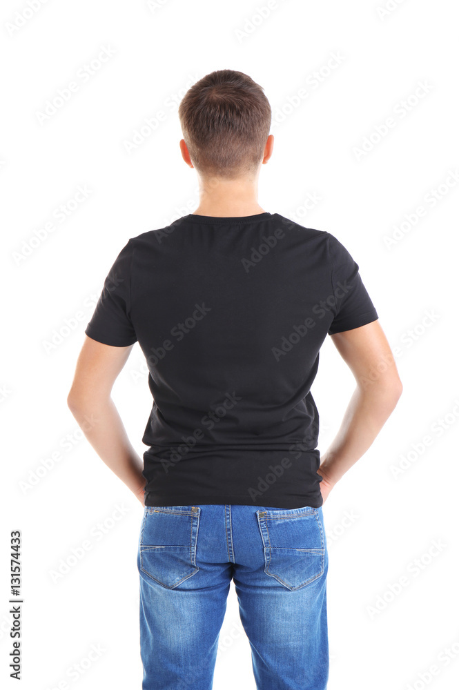 Handsome young man in blank black t-shirt on white background Handsome young man in blank black t-shirt on white background