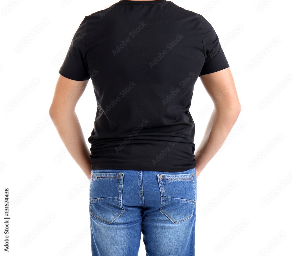 Handsome young man in blank black t-shirt on white background, close up Handsome young man in blank black t-shirt on white background, close up