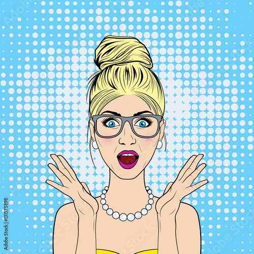 Vector surprised woman in the pop art comics style.