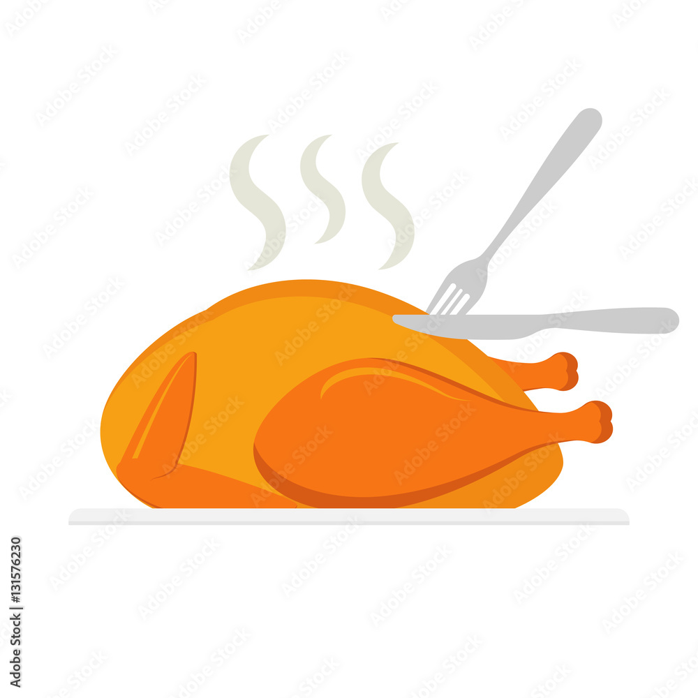 Roasted chicken being cut by knife and fork isolated on white background. Roasted chicken being cut by knife and fork isolated on white background.