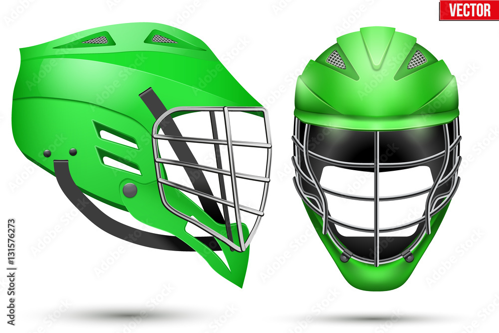 Green Lacrosse Helmet. Front and Side View. Sport goods and equipment