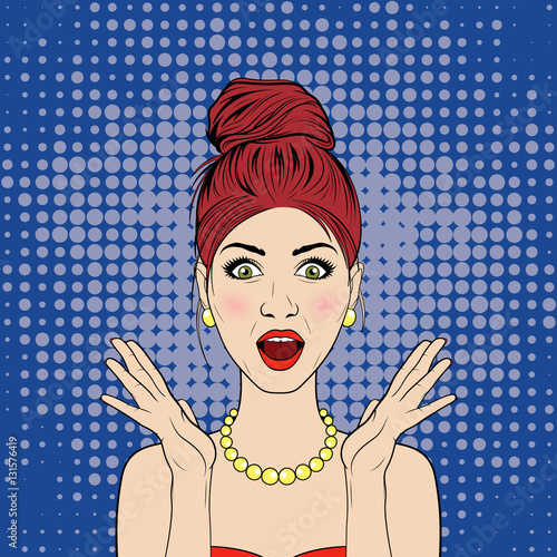 Vector surprised woman in the pop art comics style.