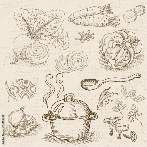 Set of chalk drawn on a blackboard food, spices.
