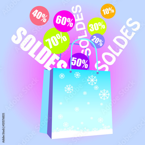 Soldes,sac d'hiver avec pourcentage et flocons de neige,