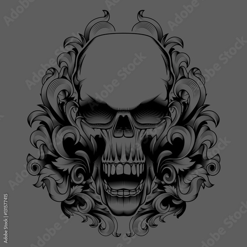 Cool Engraving Tattoo Print Design Street Fashion Swirl Filigree Skull Motif